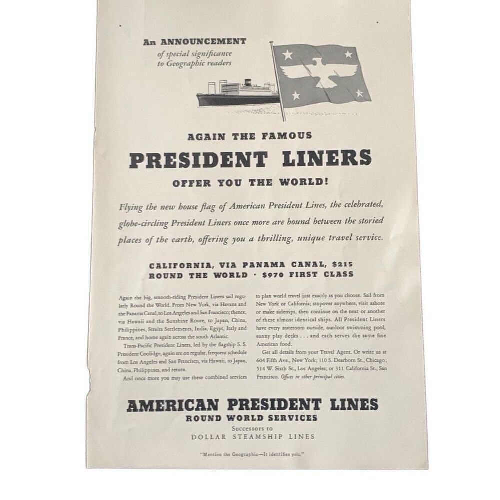 Vintage 1939 American President Lines An Announcement Ad Advertisement